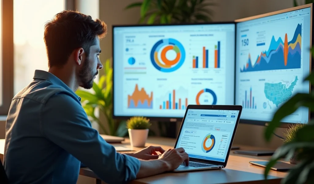 Profissional analisando dados de campanhas digitais em laptop com gráficos de Google Ads e Facebook Ads