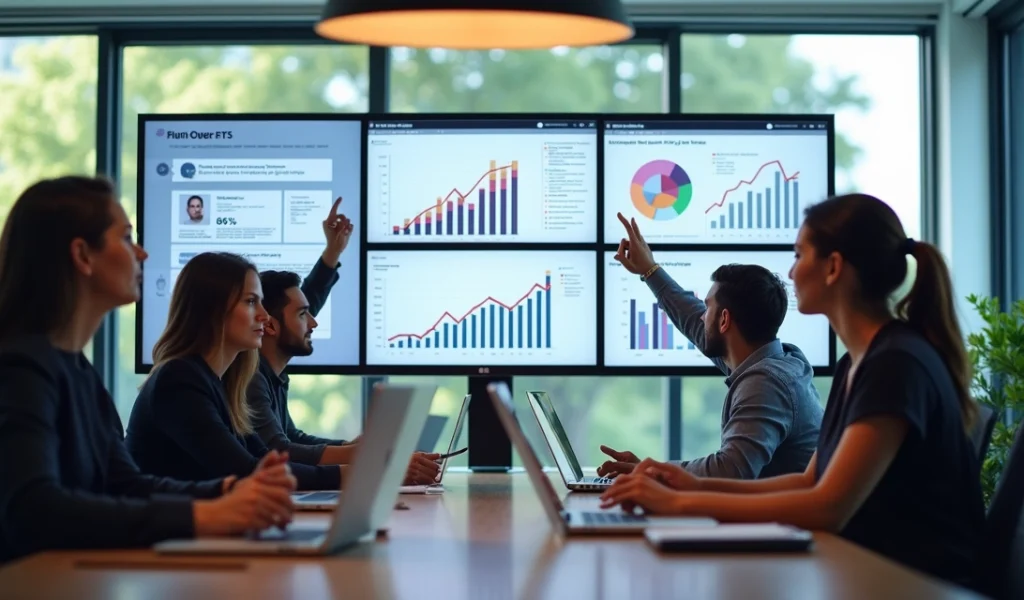 Equipe de marketing digital discutindo estratégias com gráficos e depoimentos em telas ao redor