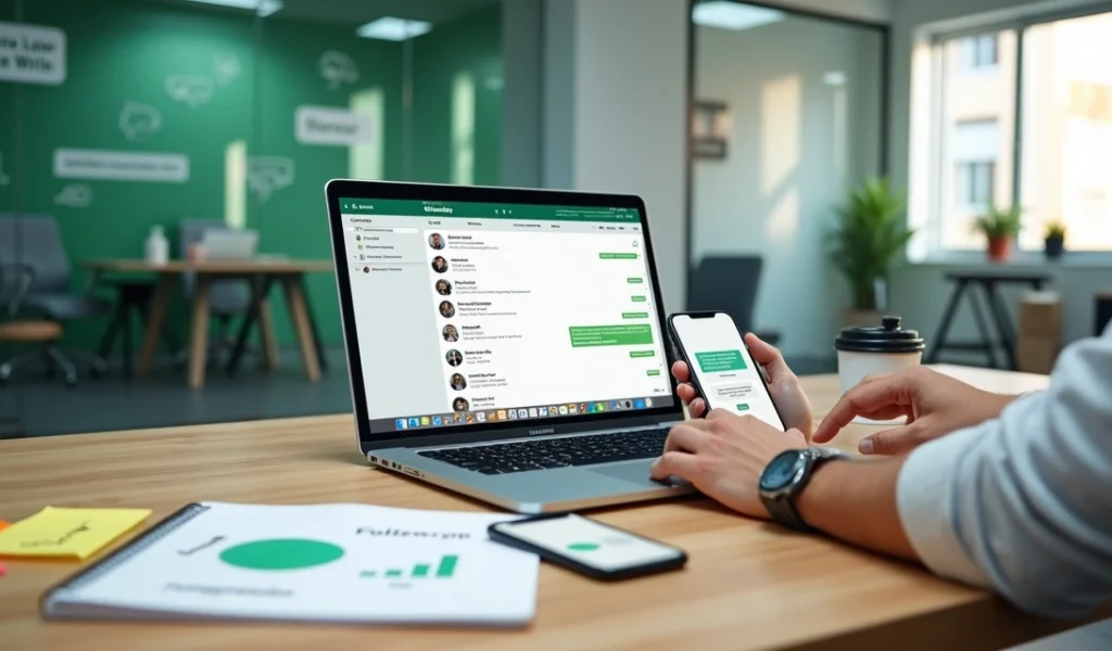 Profissional usando notebook e WhatsApp para recuperar clientes inativos