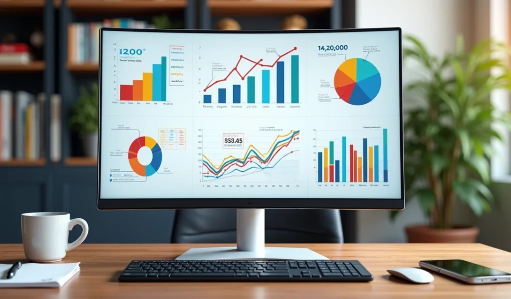 Relatório de marketing digital com gráficos e métricas em tela de computador