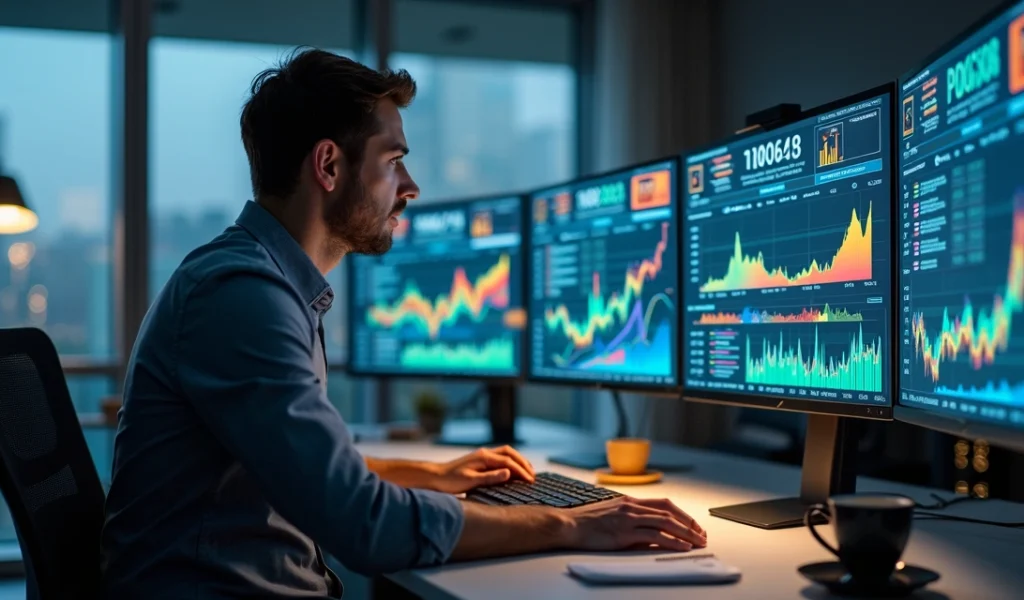 Profissional analisando relatórios interativos de vendas online em tela de computador moderno