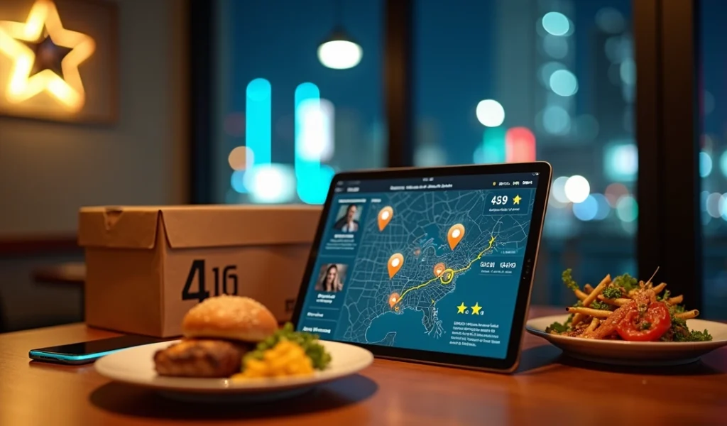 Mesa de restaurante em Curitiba com food boxes de delivery e tela mostrando mapa e avaliações online