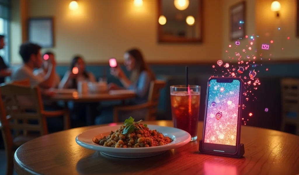 Mesa de restaurante simples em destaque com tela de celular mostrando muitas curtidas