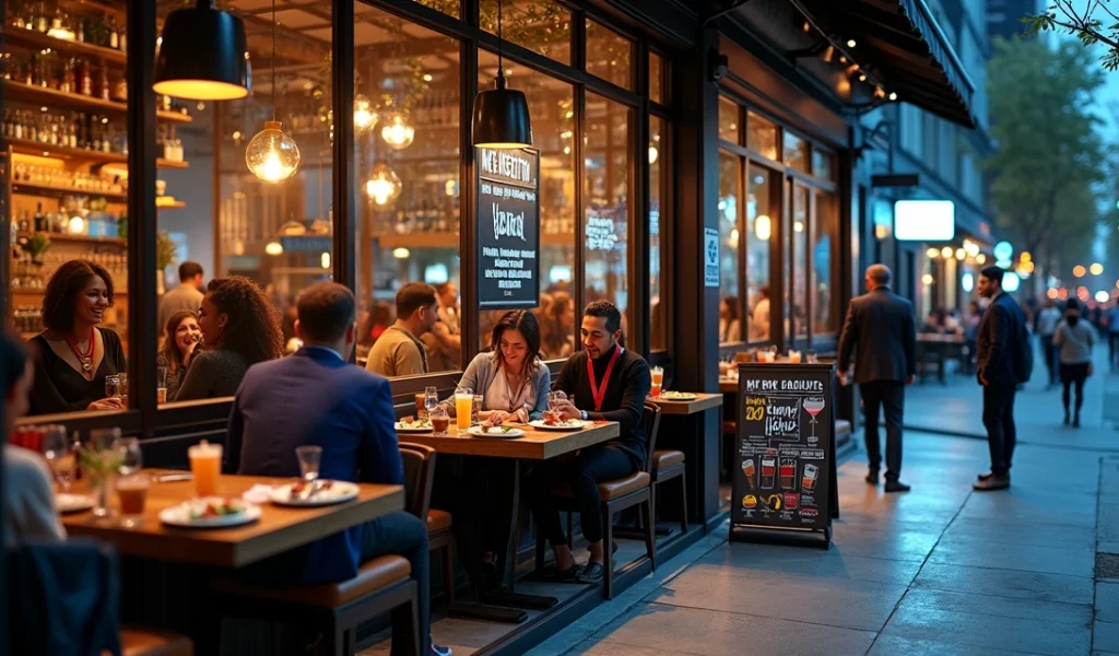 Restaurante cheio em dia de semana com happy hour e clientes de escritório