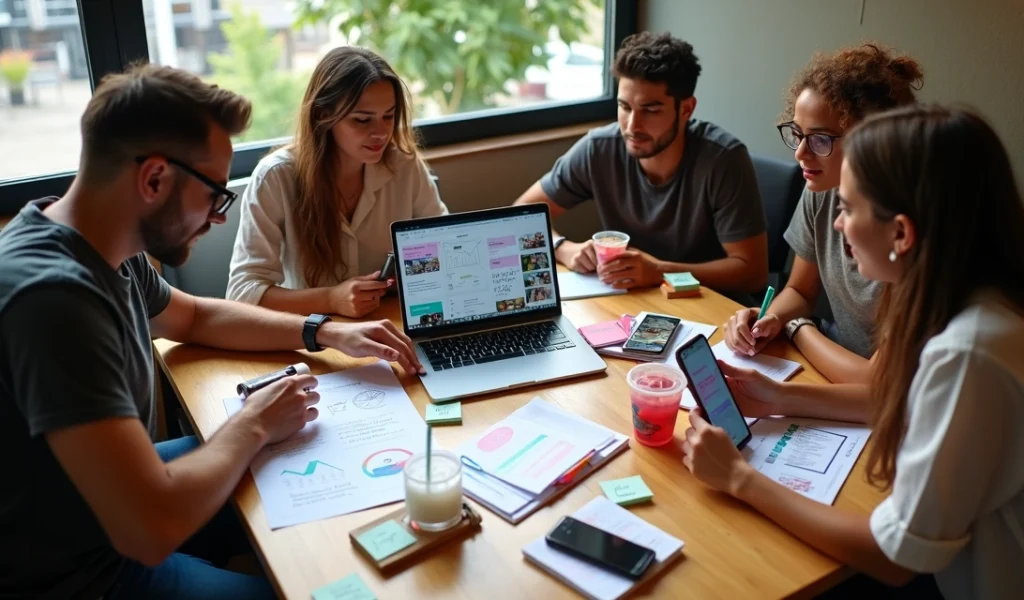 Empreendedora reunida com microinfluencers planejando campanha local em cafeteria moderna
