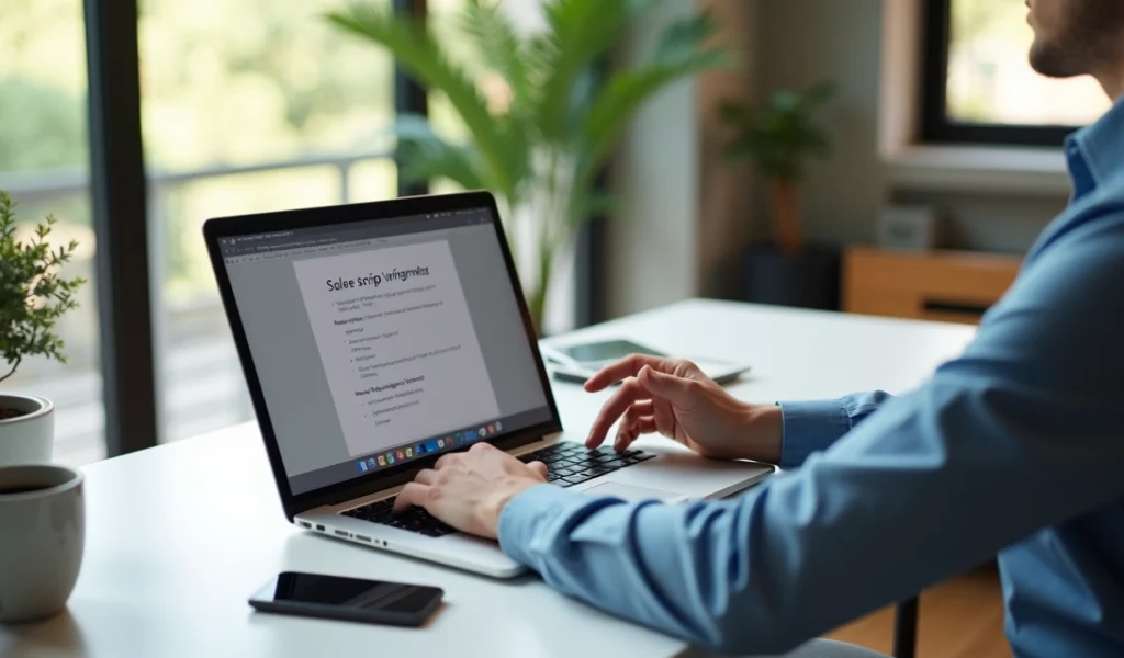 Pessoa apresentando roteiro de vendas em notebook durante reunião virtual