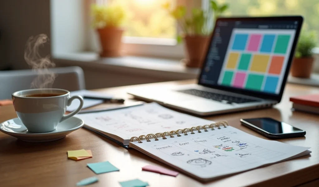 Mesa organizada com laptop, caderno, smartphone, calendário editorial e café, refletindo rotina de social media no domingo