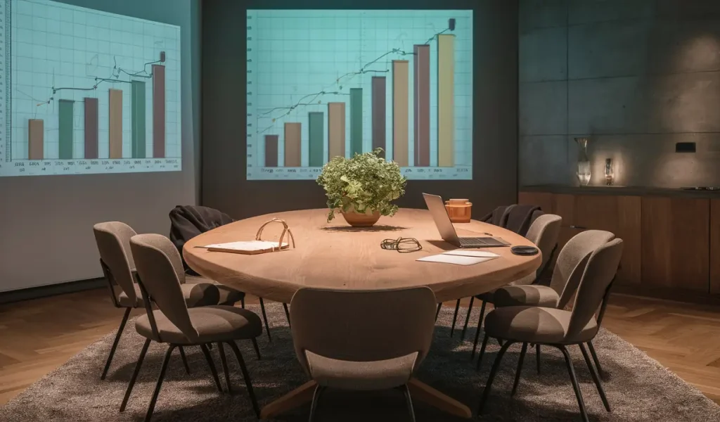 Sala de conferência com mesa de madeira, cadeiras de couro, gráfico de barras ascendentes e laptop.