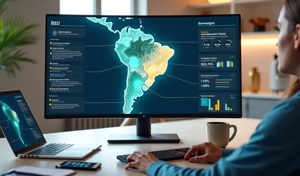 Mapa digital com ícones de cidades e balões de fala destacando segmentação por linguagem local