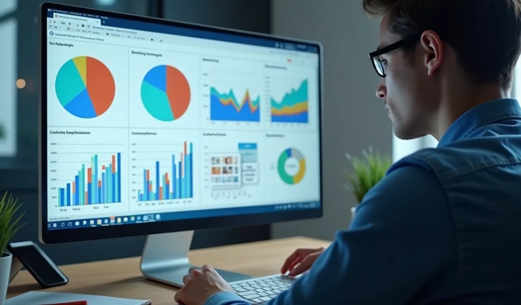 Pessoa analisando gráficos e dados de segmentação em tela de computador