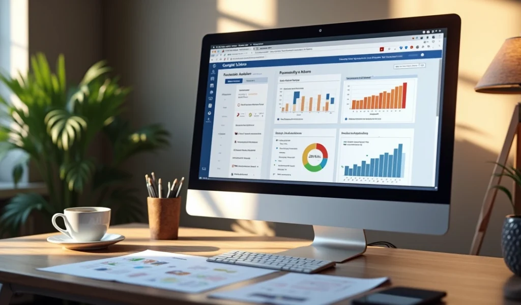 Tela de computador mostrando ferramentas de segmentação de público no Facebook e Google Ads com gráficos e personas definidas