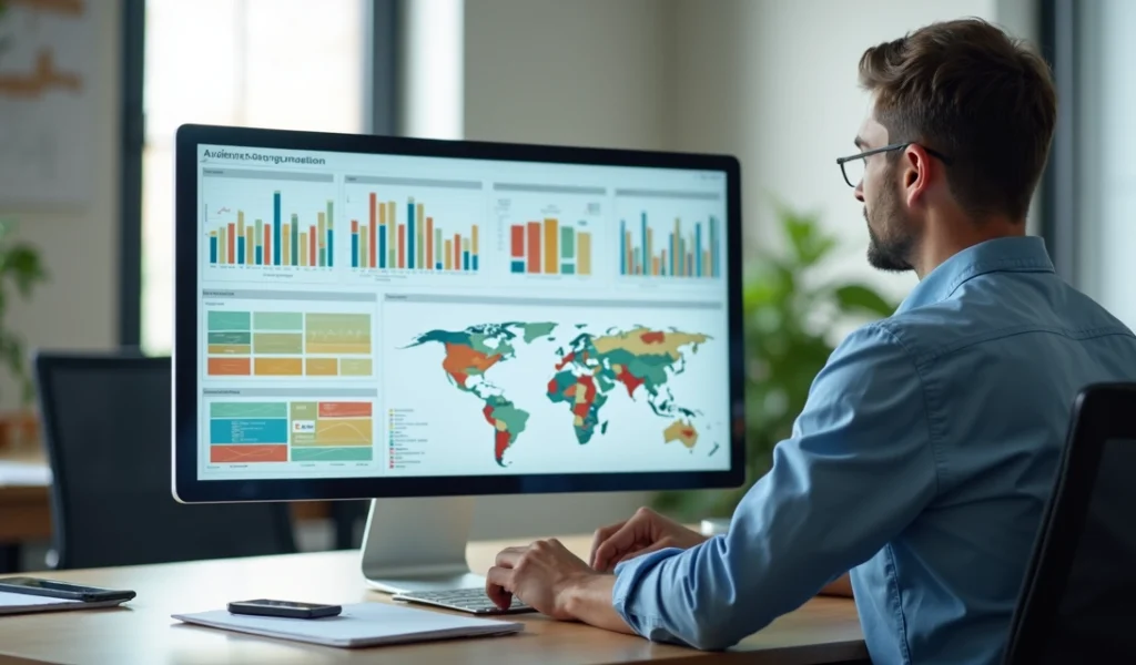 Empresário pequeno a médio porte analisando gráficos de segmentação de público em tela de computador moderno