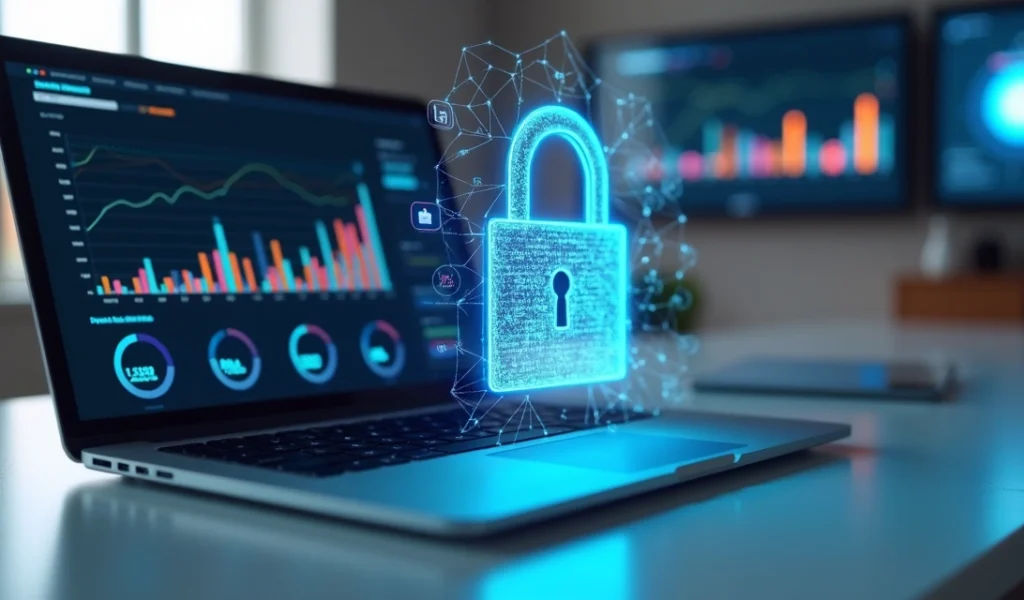 Computador moderno exibindo tela com gráficos de dados e cadeado digital azul em evidência