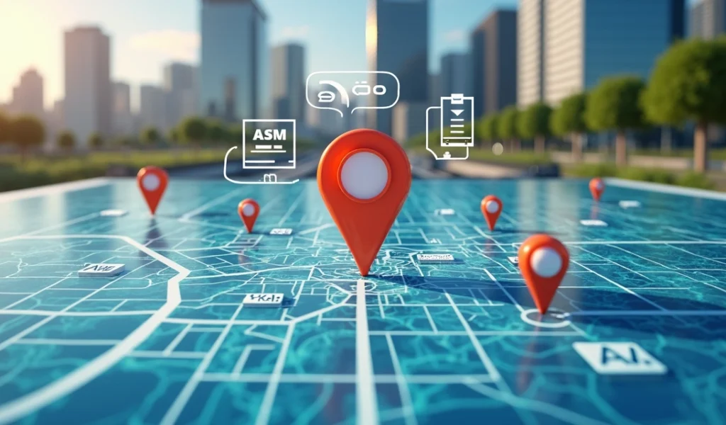 Mapa de Curitiba com marcação de localização digital e elementos de SEO local