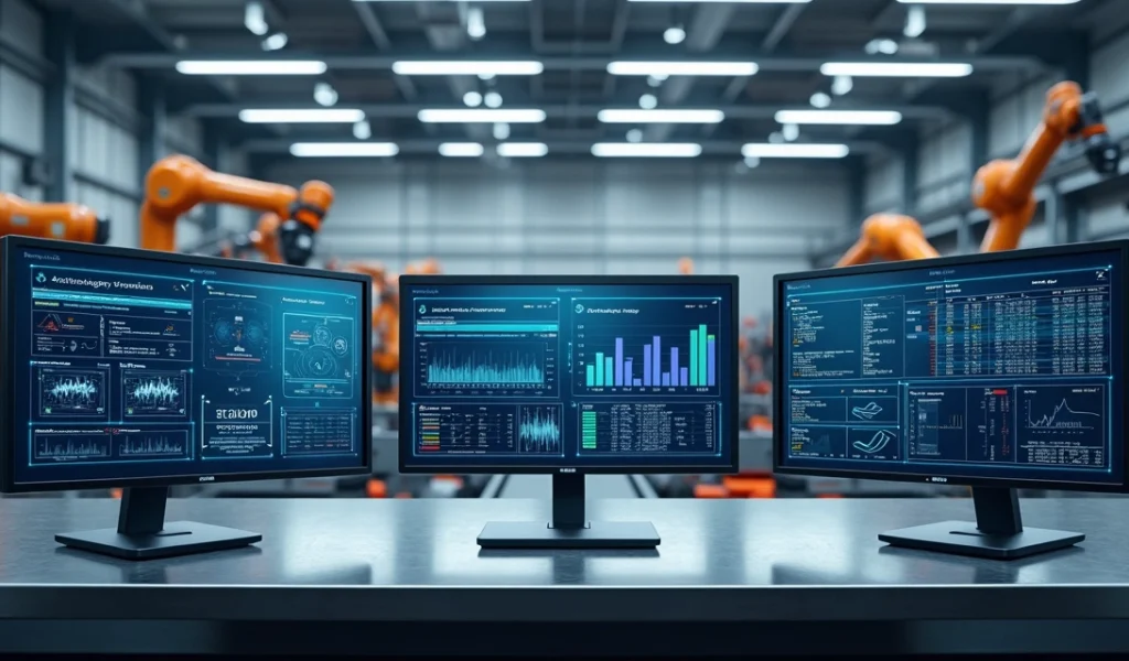 Painel moderno de automação industrial com telas digitais exibindo gráficos de controle e operação em ambiente tecnológico