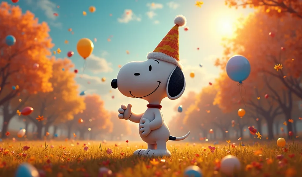 Snoopy comemorando 75 anos com balões coloridos em festa vibrante ao ar livre