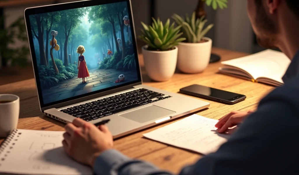 Pessoa escrevendo roteiro de storytelling com estrutura Pixar para Instagram em notebook sobre mesa com cadernos, celular e café