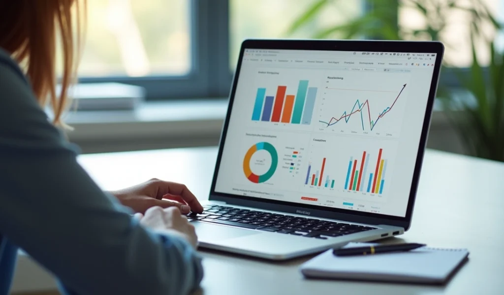 Pessoa avaliando resultados de marketing digital em laptop moderno com gráficos e indicadores na tela