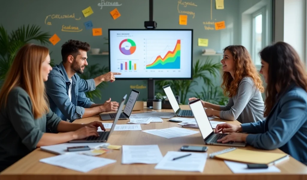 Equipe de marketing digital trabalhando em estratégias de e-mail com gráficos e laptops em escritório moderno