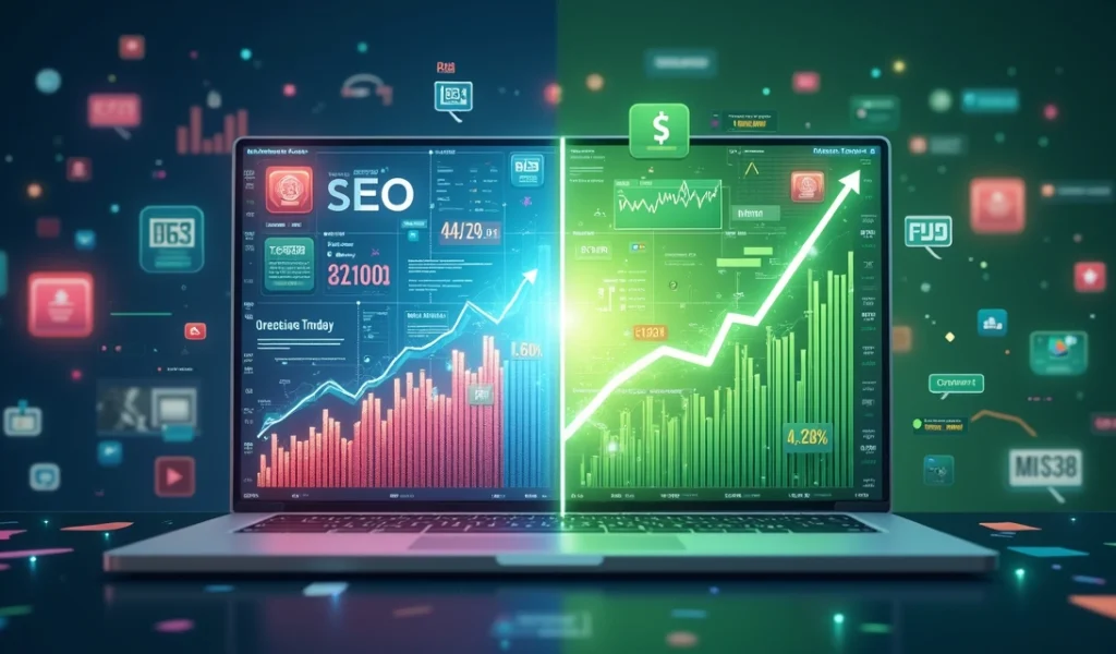 Comparação visual entre tráfego pago e tráfego orgânico com gráficos e ícones de segmentação e crescimento digital