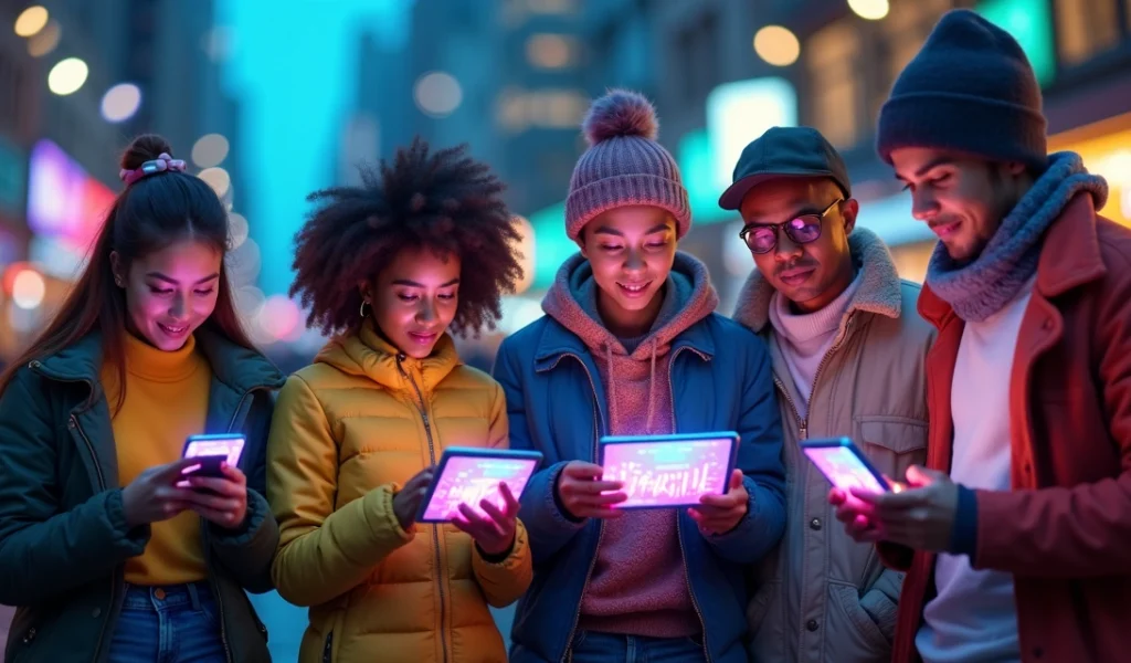 Pessoas em diferentes estilos e culturas interagindo com smartphones e tablet mostrando redes sociais com gráficos e tendências virais