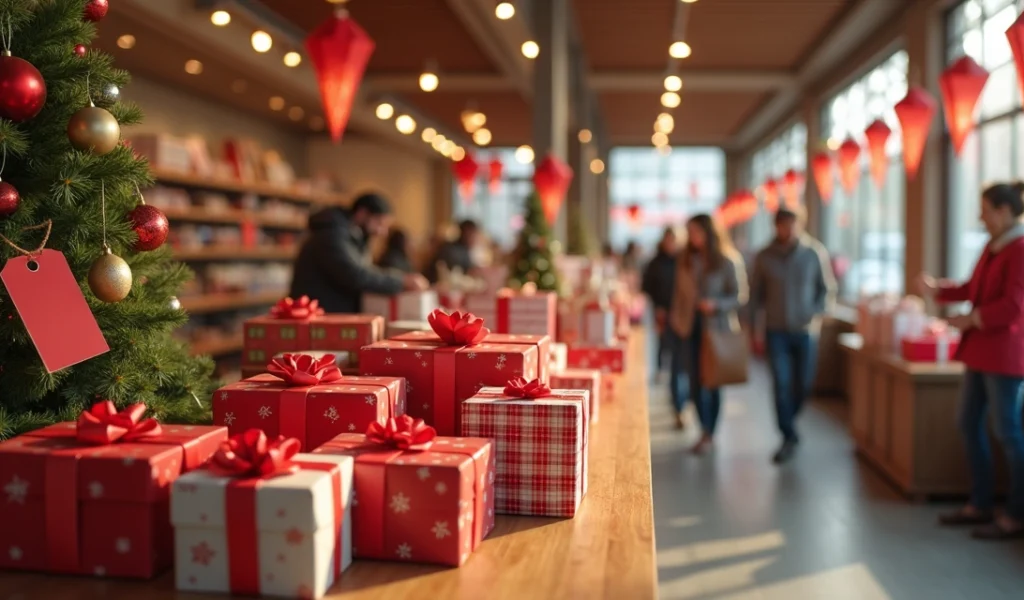 Mesa de vendas com caixas de presentes, etiquetas promocionais vermelhas e clientes fazendo compras no fundo