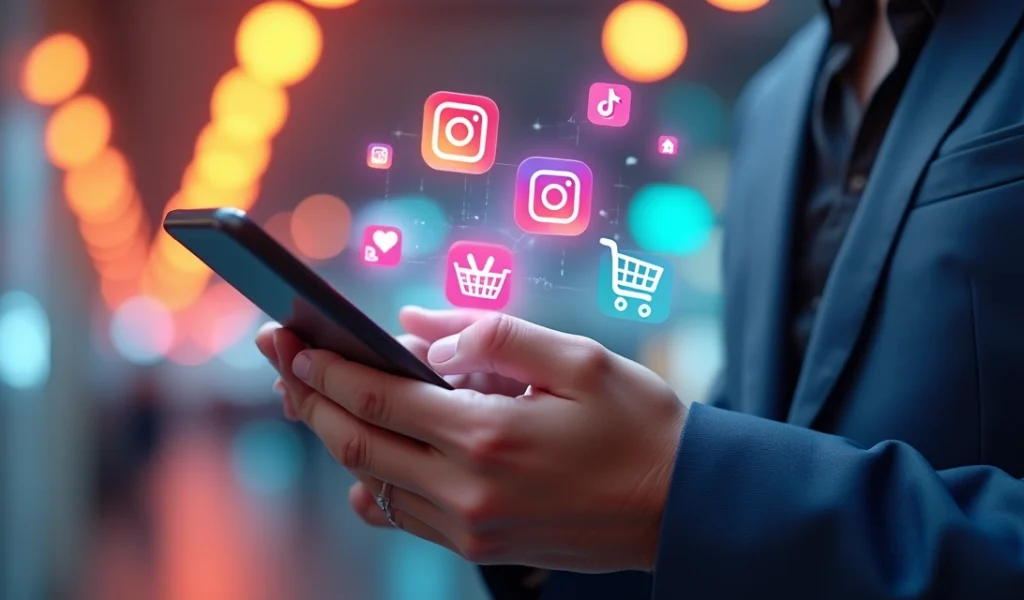 Pessoa comprando via smartphone usando redes sociais com ícones de Instagram, TikTok, WhatsApp e Facebook ao redor