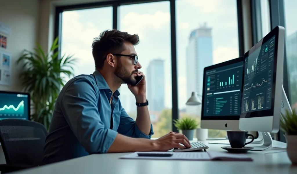 Profissional de vendas trabalhando com múltiplas telas e dispositivos em ambiente de escritório moderno e organizado