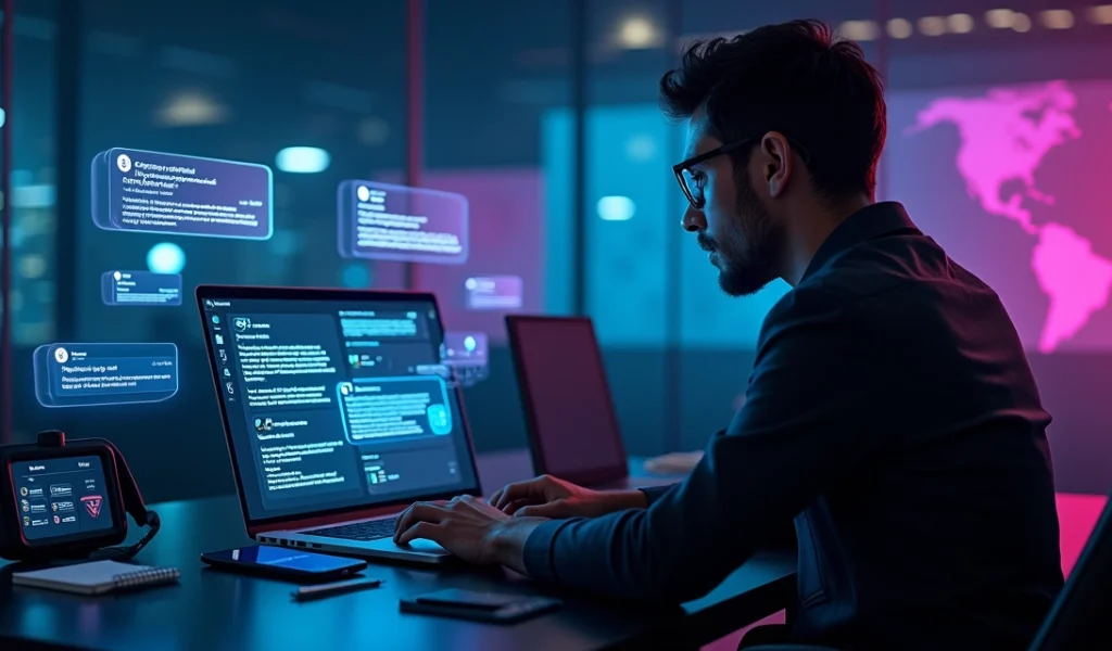 Profissional de vendas usando notebook com fluxo de mensagens de IA fechando reunião rápida