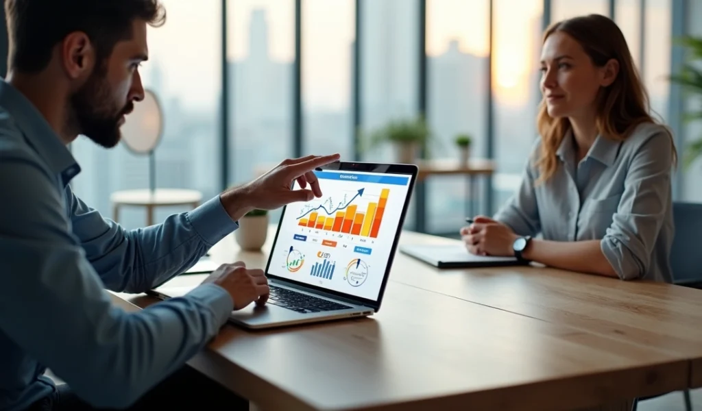 Profissional de vendas mostrando proposta de valor para cliente em reunião