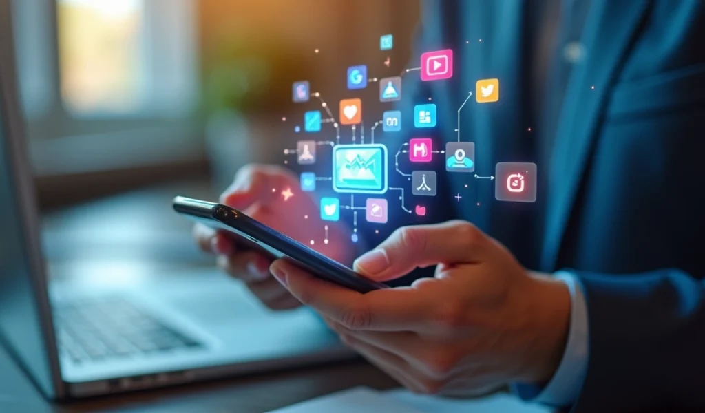 Tela de smartphone exibindo um vídeo em carrossel com gráficos de engajamento e curtidas coloridas ao redor