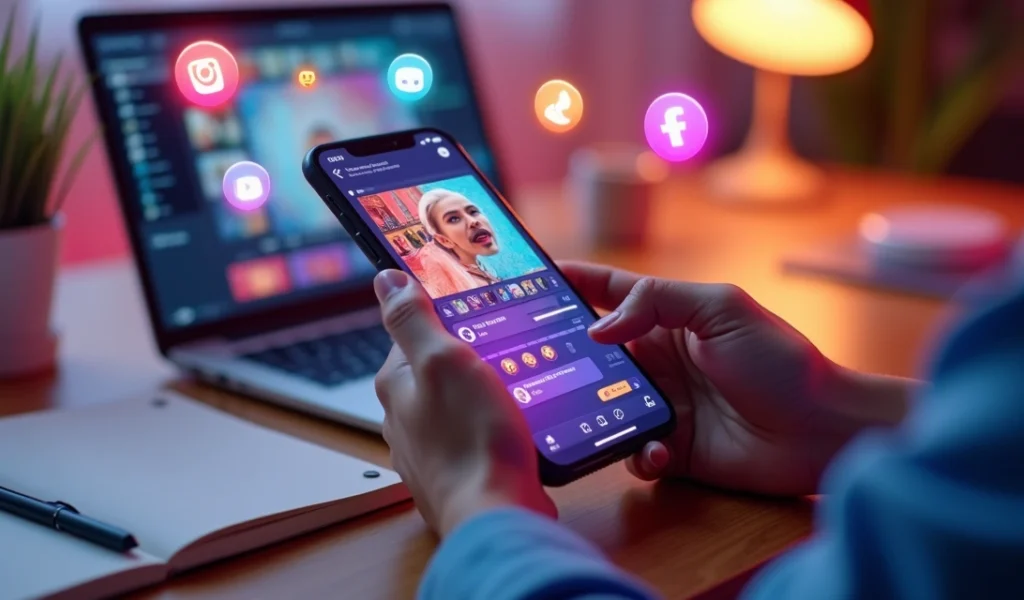 Pessoa criando vídeo curto interativo em smartphone com ícones de redes sociais ao redor