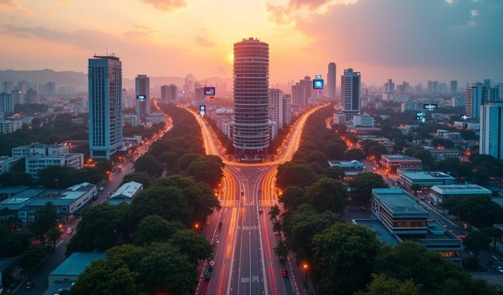 Vista aérea de Curitiba com símbolos de marketing digital conectados sobre a cidade
