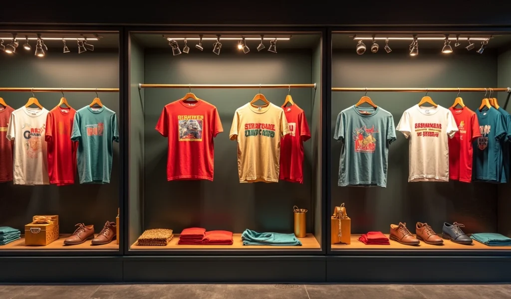 Vitrine de shopping em Curitiba com camisetas Stranger Things e decoração retrô