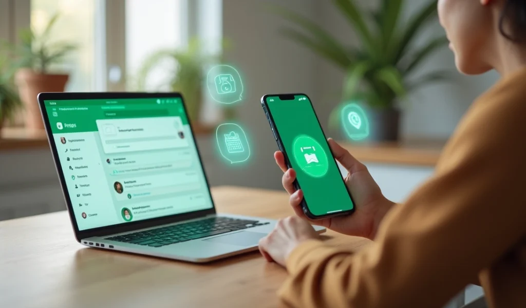 Tela de WhatsApp Business com dona de pequena empresa usando recursos avançados para atendimento e vendas