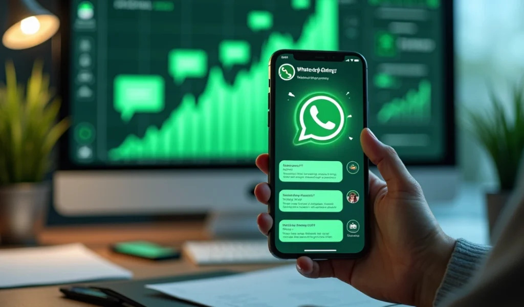 Smartphone mostrando interface do WhatsApp Business com gráficos de vendas ao fundo